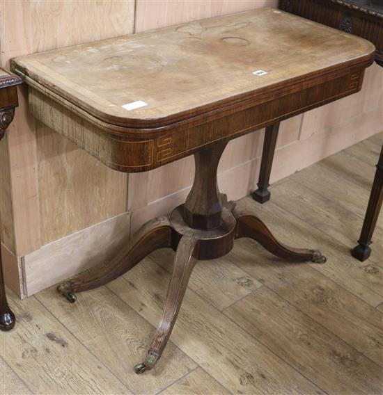 A Regency banded mahogany card table W.91cm